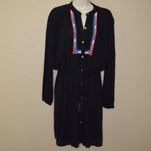 NWOT Sz S/M Piper by Townsen Black Gauze Long Sleeve Drawstring Waist Dress - Picture 1 of 7